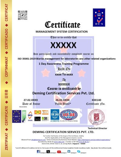 ISO 35001 BIORISK MANAGEMENT FOR LABORATOIES AND OTHER RELATED ORGANISATIONS
