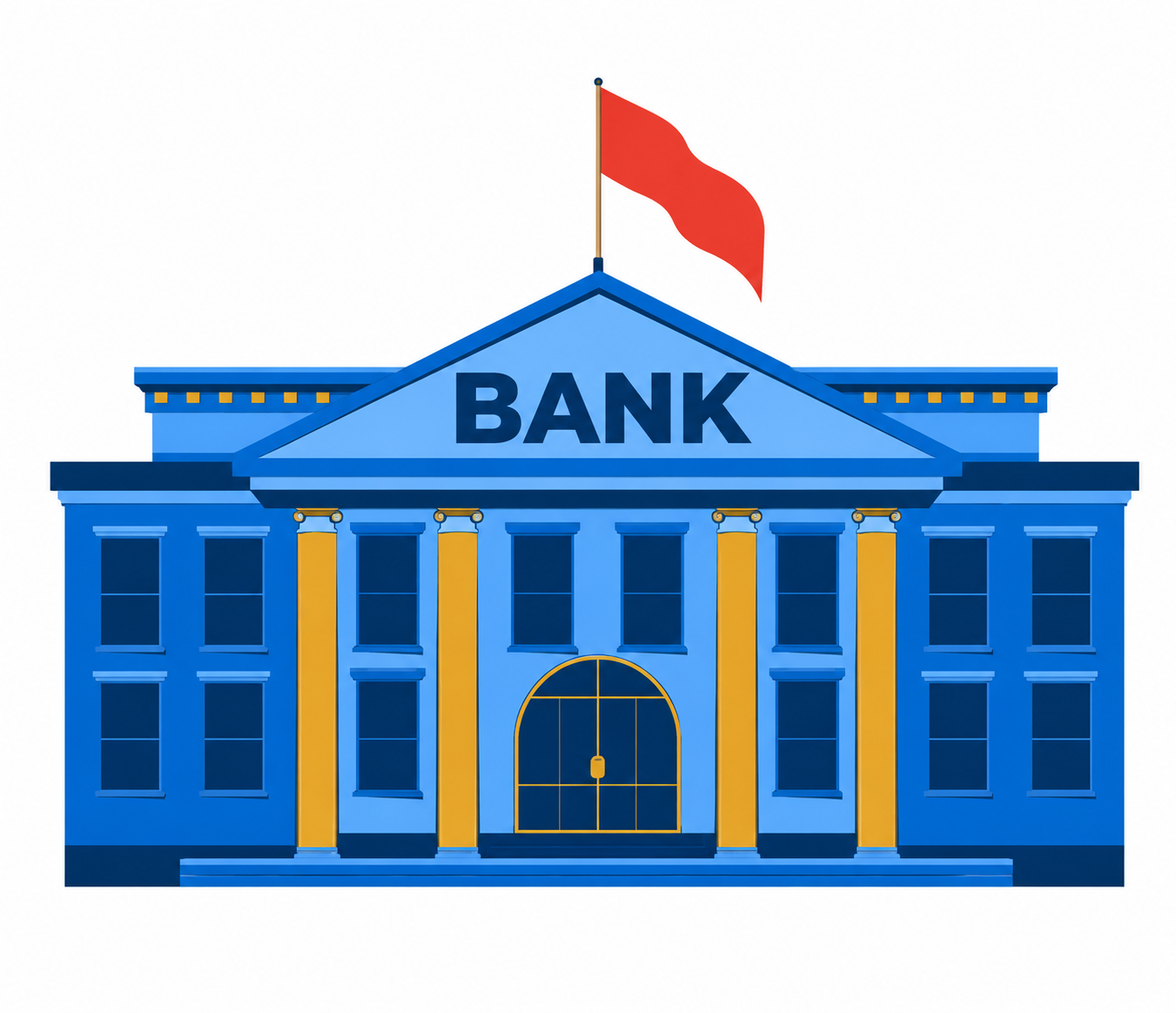 Flat 2D vector illustration of a classical-style bank building in shades of blue, featuring golden pillars, a prominent arched entrance, the word "BANK" on the pediment, and a red flag flying on top.