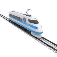 3D digital model of a modern high-speed bullet train featuring a white and light blue body travelling along a single railway track against a plain white background.