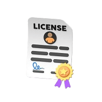 3D digital illustration of an official license document featuring a profile avatar placeholder, text lines, a blue signature, and a gold award ribbon badge.